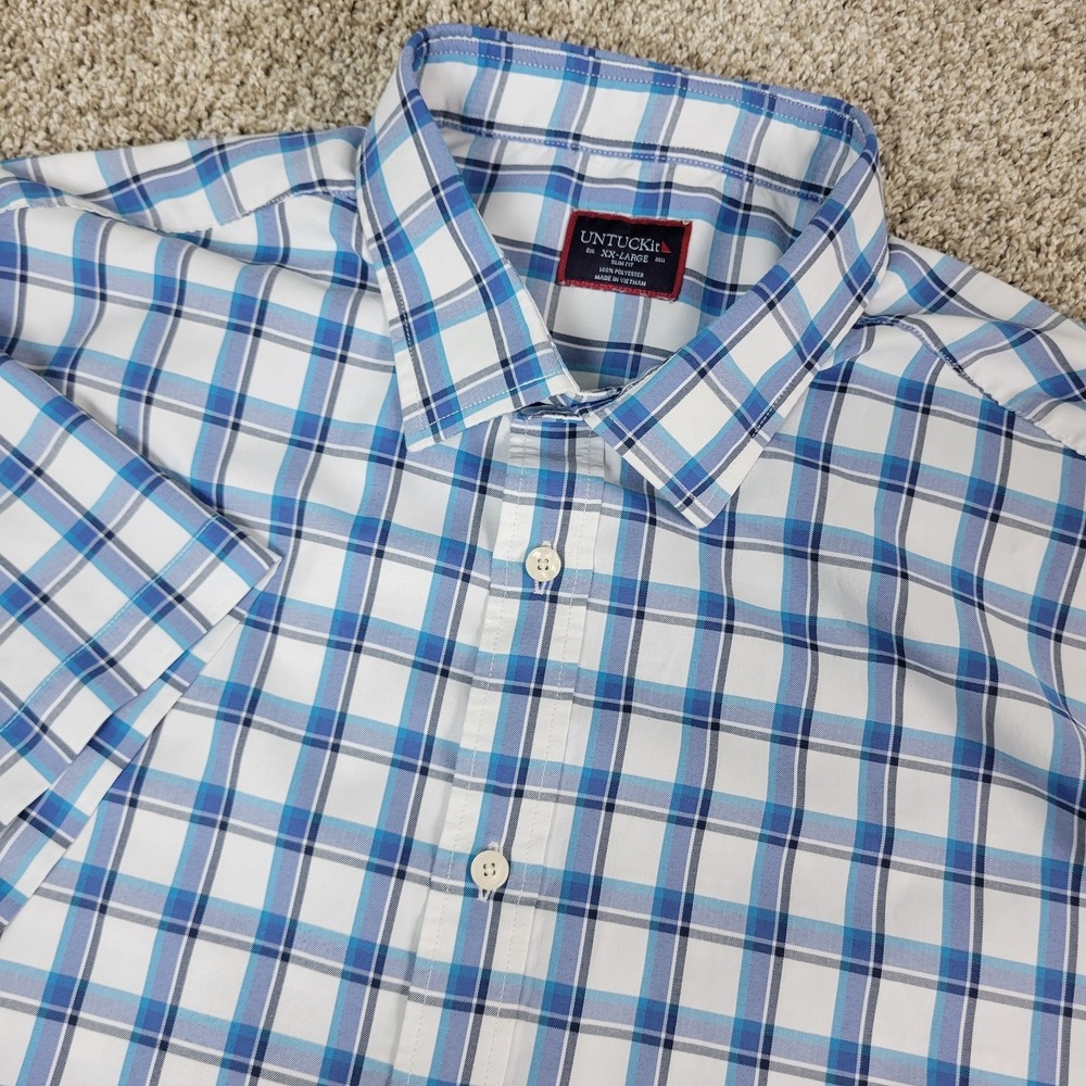 Untuckit Slim Fit‎ Mens 2XL White Blue Plaid Check Performance Stretch Button Up